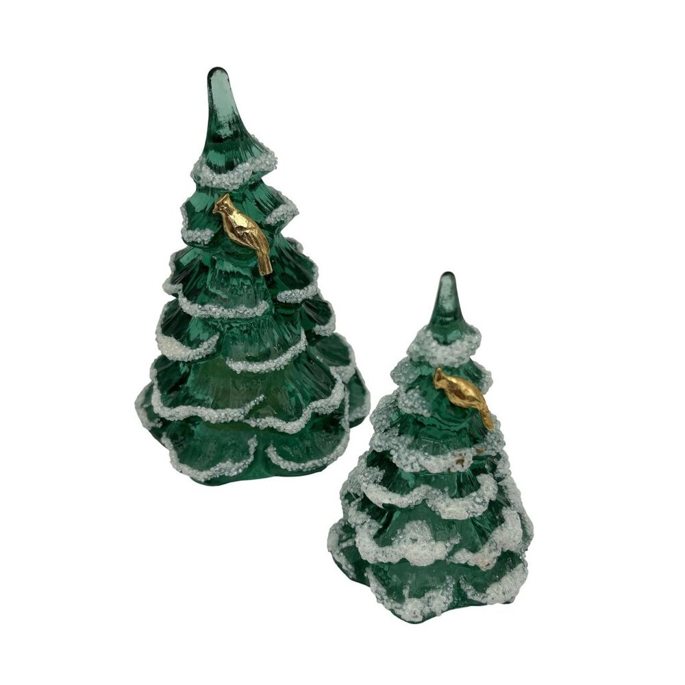 Fenton Green Christmas Tree Set 4" Gold Bird  3" With White Snow Accents Glass